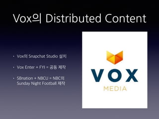 Vox의 Distributed Content
• Vox의 Snapchat Studio 설치
• Vox Enter + FYI = 공동 제작
• SBnation + NBCU = NBC의
Sunday Night Football 제작
 