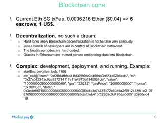 Blockchain cons
 Current Eth SC txFee: 0.0036216 Ether ($0.04) => 6
escrows, 1 US$.
 Decentralization, no such a dream:
o ...
