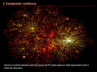 3. Complexitat i resiliència
Internet a nivell de sistemes autònoms (grups de PC locals cadascun d’ells representant cents o
milers de màquines).
 