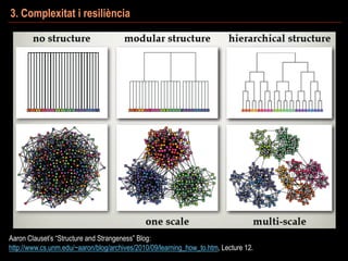 Aaron Clauset’s “Structure and Strangeness” Blog:
http://www.cs.unm.edu/~aaron/blog/archives/2010/09/learning_how_to.htm, Lecture 12.
3. Complexitat i resiliència
 