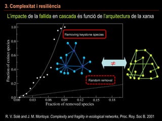 R. V. Solé and J. M. Montoya: Complexity and fragility in ecological networks, Proc. Roy. Soc B. 2001
3. Complexitat i resiliència
L’impacte de la fallida en cascada és funció de l’arquitectura de la xarxa
≠
 