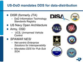 US-DoD mandates DDS for data-distribution
 DISR (formerly JTA)
– DoD Information Technology
Standards Registry
 US Navy Open Architecture
 Army, OSD
– UCS, Unmanned Vehicle
Control
 SPAWAR NESI
– Net-centric Enterprise
Solutions for Interoperability
– Mandates DDS for Pub-Sub
SOA
 