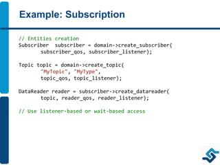 Example: Subscription
// Entities creation
Subscriber subscriber = domain->create_subscriber(
subscriber_qos, subscriber_listener);
Topic topic = domain->create_topic(
"MyTopic", "MyType",
topic_qos, topic_listener);
DataReader reader = subscriber->create_datareader(
topic, reader_qos, reader_listener);
// Use listener-based or wait-based access
 
