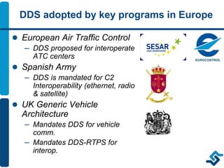 DDS adopted by key programs in Europe
 European Air Traffic Control
– DDS proposed for interoperate
ATC centers
 Spanish...