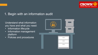 Understand what information
you have and what you need:
• Information lifecycle
• Information management
platform
• Policies and procedures
1. Begin with an information audit
 