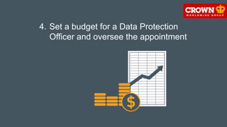 4. Set a budget for a Data Protection
Officer and oversee the appointment
 