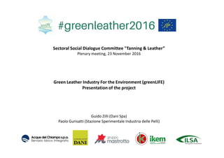 Sectoral Social Dialogue Committee "Tanning & Leather”
Plenary meeting, 23 November 2016
Green Leather Industry For the Environment (greenLIFE)
Presentation of the project
Guido Zilli (Dani Spa)
Paolo Gurisatti (Stazione Sperimentale Industria delle Pelli)
 