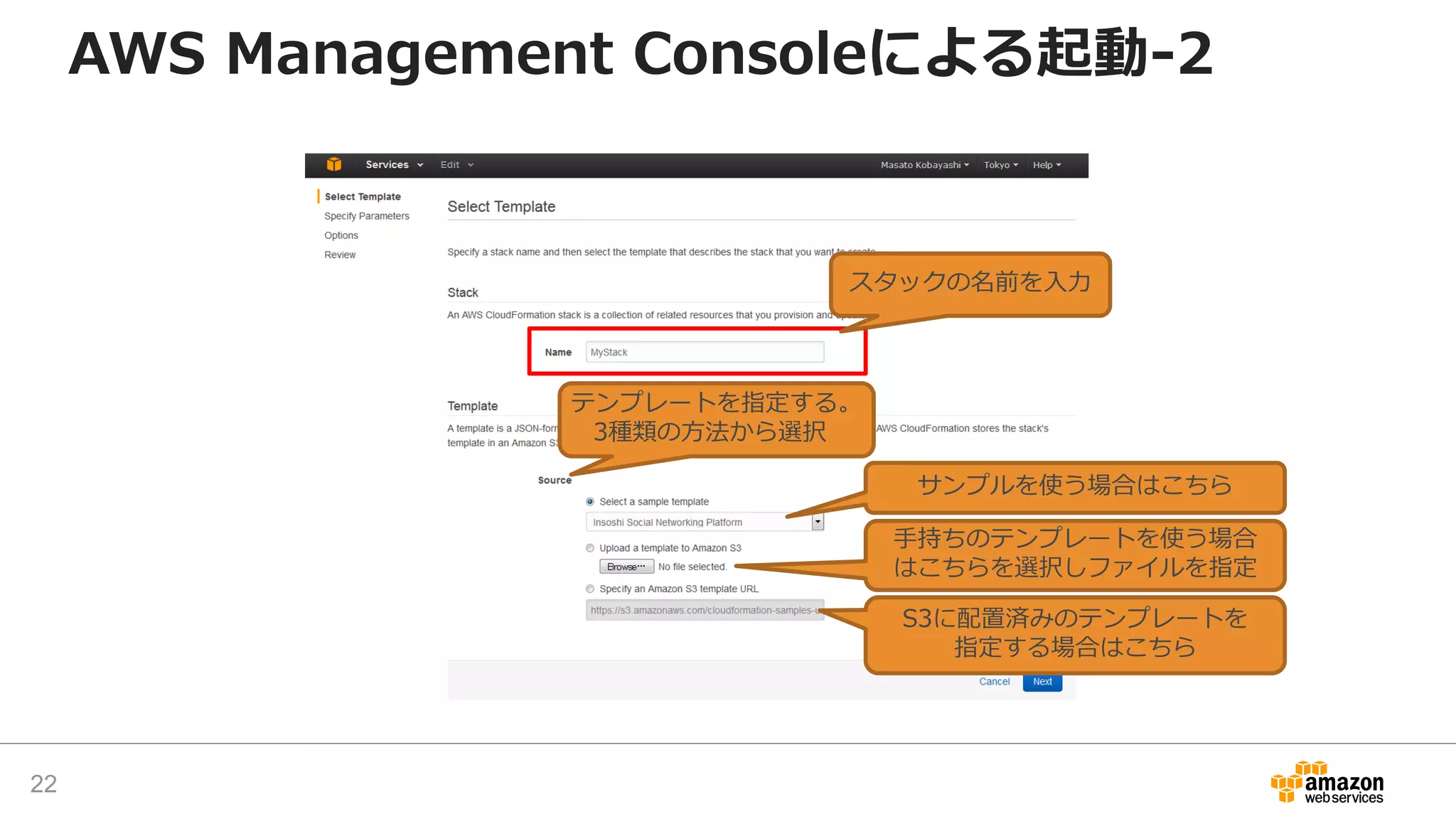スタックの名前を入力
テンプレートを指定する。
3種類の方法から選択
サンプルを使う場合はこちら
手持ちのテンプレートを使う場合
はこちらを選択しファイルを指定
S3に配置済みのテンプレートを
指定する場合はこちら
AWS Management Consoleによる起動-2
22
 