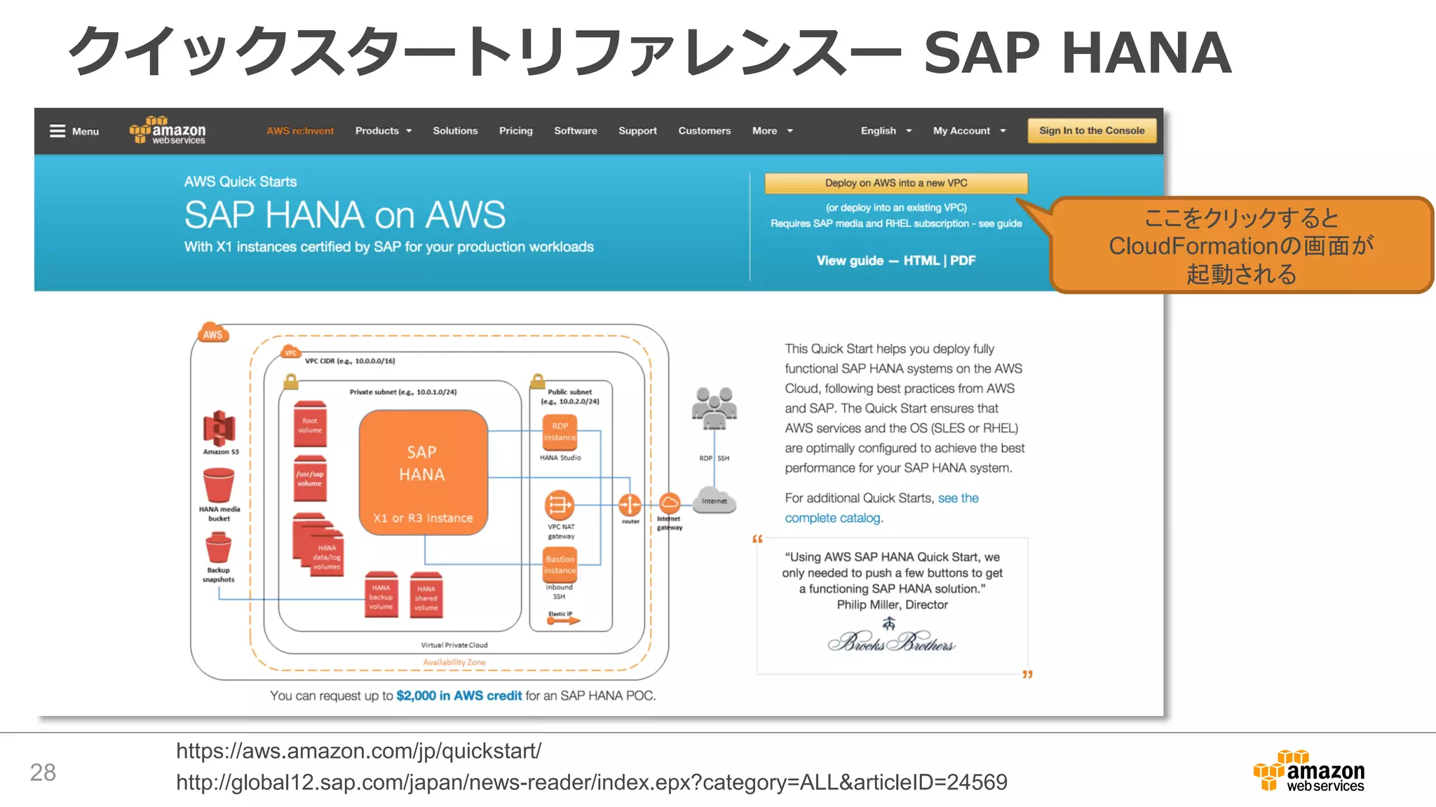 クイックスタートリファレンスー SAP HANA
28
https://aws.amazon.com/jp/quickstart/
http://global12.sap.com/japan/news-reader/index.epx?category=ALL&articleID=24569
ここをクリックすると
CloudFormationの画面が
起動される
 