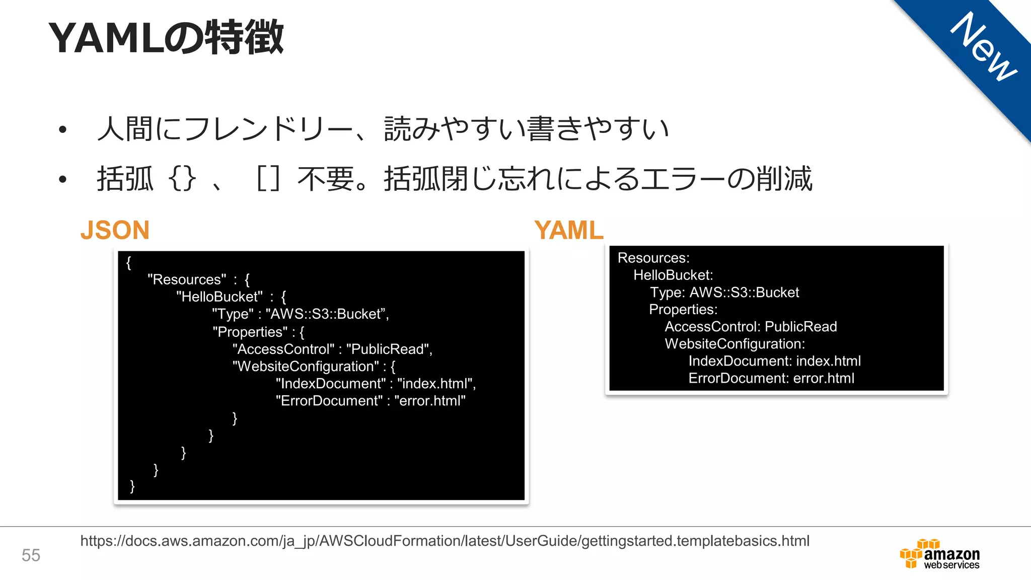 YAMLの特徴
• 人間にフレンドリー、読みやすい書きやすい
• 括弧｛｝、［］不要。括弧閉じ忘れによるエラーの削減
55
https://docs.aws.amazon.com/ja_jp/AWSCloudFormation/latest/UserGuide/gettingstarted.templatebasics.html
YAML
{
"Resources" : {
"HelloBucket" : {
"Type" : "AWS::S3::Bucket”,
"Properties" : {
"AccessControl" : "PublicRead",
"WebsiteConfiguration" : {
"IndexDocument" : "index.html",
"ErrorDocument" : "error.html"
}
}
}
}
}
JSON
Resources:
HelloBucket:
Type: AWS::S3::Bucket
Properties:
AccessControl: PublicRead
WebsiteConfiguration:
IndexDocument: index.html
ErrorDocument: error.html
 