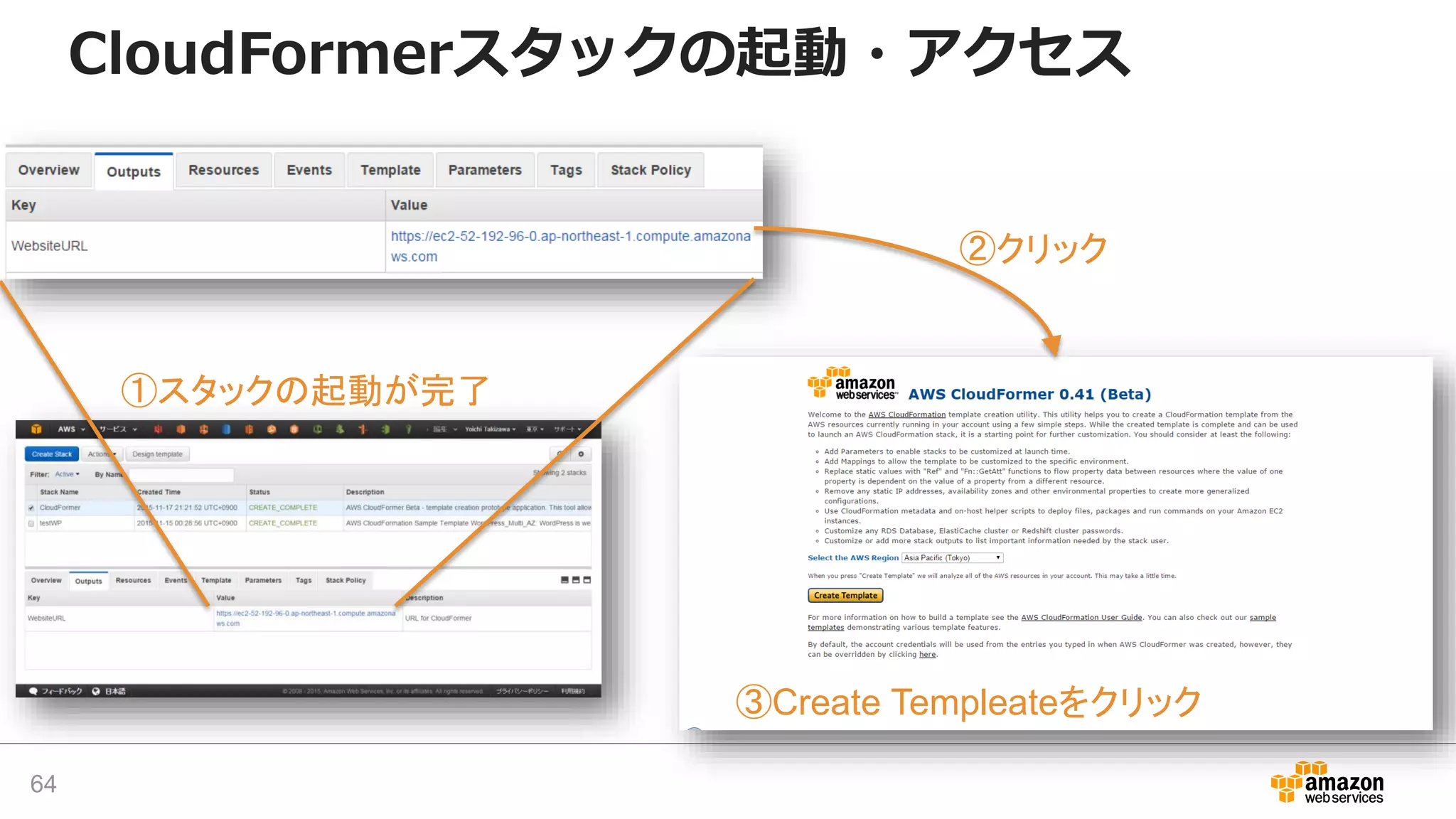 CloudFormerスタックの起動・アクセス
64
②クリック
①スタックの起動が完了
③Create Templeateをクリック
 