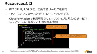 “Resources" : {
"MyInstance": {
"Type": "AWS::EC2::Instance",
"Properties": {
"DisableApiTermination": "FALSE",
"ImageId": "ami-a1b6fda0",
“InstanceType": "t1.micro",
"KeyName": { "Ref": "MyKeyName" } ,
"Monitoring": "false",
}
}
}
• EC2やELB, RDSなど、起動するサービスを指定
• リソースごとに決められたプロパティを設定する
• CloudFormationで利用可能なリソースタイプは現在42サービス、
173リソース。最新リストはWebを参照
Resourcesとは
リソースタイプの定義
リソースごとのプロパティ
42 http://docs.aws.amazon.com/AWSCloudFormation/latest/UserGuide/aws-template-resource-type-ref.html
 