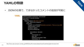 AWSTemplateFormatVersion: "2010-09-09”
Description: A sample template
Resources:
MyEC2Instance: #An inline comment
Type: "AWS::EC2::Instance”
Properties:
ImageId: "ami-2f726546" #Another comment -- This is a Linux AMI
InstanceType: t1.micro
KeyName: testkey
BlockDeviceMappings:
-
DeviceName: /dev/sdm
Ebs:
VolumeType: io1
Iops: 200
DeleteOnTermination: false
VolumeSize: 20
YAMLの特徴
• JSONの仕様で、できなかったコメントの追加が可能に
56
http://docs.aws.amazon.com/ja_jp/AWSCloudFormation/latest/UserGuide/template-formats.html
YAML
 