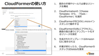 CloudFormerの使い方 1. 既存の手順やツールで必要なリソー
スを構成
2. CloudFormationの「Choose
Template」から、「Tools -
CloudFormer」を選択
3. CloudFormerがEC2のt1.microイン
スタンスで動作する
4. CloudFormerのURLにアクセスし、
画面の指示通りにテンプレート化す
るリソースを指定
5. 生成されたテンプレートはAmazon
S3に保存される
6. 作業が終わったら、CloudFormerの
スタックはDeleteを推奨
63
 