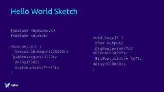 Hello World Sketch
#include <Arduino.h>
#include <Wire.h>
void setup() {
SerialUSB.begin(115200);
SigFox.begin(19200);
delay(500);
Sigfox.print("+++");
}
void loop() {
char output;
SigFox.print("AT
$SF=CAFECAFE");
SigFox.print(« r");
delay(600000);
}
 