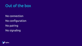 Out of the box
No connection
No configuration
No pairing
No signaling
 