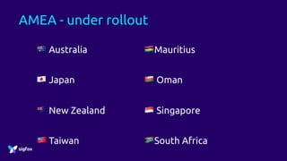 AMEA - under rollout
4 Australia 5Mauritius
6 Japan 7 Oman
8 New Zealand 9 Singapore
: Taiwan ;South Africa
 