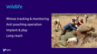 Wildlife
Rhinos tracking & monitoring
Anti poaching operation
Implant & play
Long reach
 