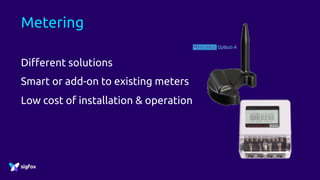 Metering
Different solutions
Smart or add-on to existing meters
Low cost of installation & operation
 