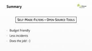 Summary
SELF-MADE-FILTERS + OPEN-SOURCE-TOOLS
• Budget friendly
• Less incidents
• Does the job! :-)
 