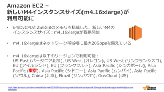 Amazon EC2 –
新しいM4インスタンスサイズ(m4.16xlarge)が
利用可能に
• 64のvCPUと256GiBのメモリを搭載した、新しいM4の
インスタンスサイズ：m4.16xlargeが提供開始
• m4.16xlargeはネットワーク帯域幅に最大20Gbpsを備えている
• m4.16xlargeは以下のリージョンで利用可能：
US East (バージニア北部), US West (オレゴン), US West (サンフランシスコ),
EU (アイルランド), EU (フランクフルト), Asia Pacific (シンガポール), Asia
Pacific (東京), Asia Pacific (シドニー), Asia Pacific (ムンバイ), Asia Pacific
(ソウル), China (北京), Brazil (サンパウロ), GovCloud (US)
https://aws.amazon.com/about-aws/whats-new/2016/09/introducing-new-m4-instance-size-m4-16xlarge-and-new-region-availability-of-m4-
instances/
 