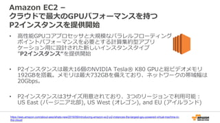 Amazon EC2 –
クラウドで最大のGPUパフォーマンスを持つ
P2インスタンスを提供開始
• 高性能GPUコアプロセッサと大規模なパラレルフローティング
ポイントパフォーマンスを必要とする計算集約型アプリ
ケーション用に設計された新しいインスタンスタイプ
”P2インスタンス“を提供開始
• P2インスタンスは最大16個のNVIDIA Tesla® K80 GPUと総ビデオメモリ
192GBを搭載。メモリは最大732GBを備えており、ネットワークの帯域幅は
20Gbps。
• P2インスタンスは3サイズ用意されており、3つのリージョンで利用可能：
US East (バージニア北部), US West (オレゴン), and EU (アイルランド)
https://aws.amazon.com/about-aws/whats-new/2016/09/introducing-amazon-ec2-p2-instances-the-largest-gpu-powered-virtual-machine-in-
the-cloud/
 