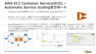 AWS EC2 Container Service(ECS) –
Automatic Service Scalingをサポート
• Amazon ECSが自動的にスケール可能なAuto Scalingをサポート
• ECSサービスにより、動的にタスクの数を拡張、縮小することで、
コンテナベースのアプリケーションを自動的に拡張可能に
• CloudWatchのメトリクスに基づいてECSサービスの拡張が可能。Amazon ECSによって公開さ
れたCloudWatchメトリクス(平均CPU、メモリ)を使用することができる。また、他サービスに
よって公開されたCloudWatchメトリクスまたは、アプリケーション固有のカスタムメトリクス
を使用することが可能
https://aws.amazon.com/about-aws/whats-new/2016/05/amazon-ec2-container-service-supports-automatic-service-scaling/
 