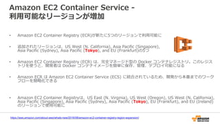 Amazon EC2 Container Service -
利用可能なリージョンが増加
• Amazon EC2 Container Registry (ECR)が新たに5つのリージョンで利用可能に
• 追加されたリージョンは、US West (N. California), Asia Pacific (Singapore),
Asia Pacific (Sydney), Asia Pacific (Tokyo), and EU (Frankfurt)の5つ
• Amazon EC2 Container Registry (ECR) は、完全マネージド型の Docker コンテナレジストリ。このレジス
トリを使うと、開発者は Docker コンテナイメージを簡単に保存、管理、デプロイ可能になる
• Amazon ECR は Amazon EC2 Container Service (ECS) に統合されているため、開発から本番までのワーク
フローを簡略化できる
• Amazon EC2 Container Registryは、US East (N. Virginia), US West (Oregon), US West (N. California),
Asia Pacific (Singapore), Asia Pacific (Sydney), Asia Pacific (Tokyo), EU (Frankfurt), and EU (Ireland)
のリージョンで使用可能に
https://aws.amazon.com/about-aws/whats-new/2016/08/amazon-ec2-container-registry-region-expansion/
 