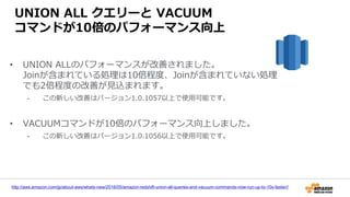 UNION ALL クエリーと VACUUM
コマンドが10倍のパフォーマンス向上
• UNION ALLのパフォーマンスが改善されました。
Joinが含まれている処理は10倍程度、Joinが含まれていない処理
でも2倍程度の改善が見込まれます。
- この新しい改善はバージョン1.0.1057以上で使用可能です。
• VACUUMコマンドが10倍のパフォーマンス向上しました。
- この新しい改善はバージョン1.0.1056以上で使用可能です。
http://aws.amazon.com/jp/about-aws/whats-new/2016/05/amazon-redshift-union-all-queries-and-vacuum-commands-now-run-up-to-10x-faster//
 