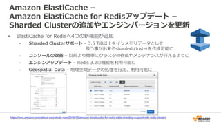 Amazon ElastiCache –
Amazon ElastiCache for Redisアップデート –
Sharded Clusterの追加やエンジンバージョンを更新
https://aws.amazon.com/about-aws/whats-new/2016/10/amazon-elasticache-for-redis-adds-sharding-support-with-redis-cluster/
• ElastiCache for Redisへ4つの新機能が追加
- Sharded Clusterサポート – 3.5 TiB以上をインメモリデータとして
扱う事が出来るsharded clusterを作成可能に
- コンソールの改善 – 以前より簡単にクラスタの作成やメンテナンスが行えるように
- エンジンアップデート – Redis 3.2の機能を利用可能に
- Geospatial Data – 地理空間データの処理を行え、利用可能に
 