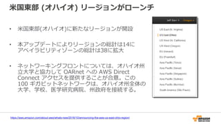 米国東部 (オハイオ) リージョンがローンチ
• 米国東部(オハイオ)に新たなリージョンが開設
• 本アップデートによりリージョンの総計は14に
アベイラビリティゾーンの総計は38に拡大
• ネットワーキングフロントについては、オハイオ州
立大学と協力して OARnet への AWS Direct
Connect アクセスを提供することが合意。この
100 ギガビットネットワークは、オハイオ州全体の
大学、学校、医学研究病院、州政府を接続する。
https://aws.amazon.com/about-aws/whats-new/2016/10/announcing-the-aws-us-east-ohio-region/
 