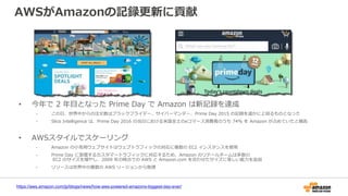 AWSがAmazonの記録更新に貢献
https://aws.amazon.com/jp/blogs/news/how-aws-powered-amazons-biggest-day-ever/
• 今年で 2 年目となった Prime Day で Amazon は新記録を達成
- この日、世界中からの注文数はブラックフライデー、サイバーマンデー、Prime Day 2015 の記録を遥かに上回るものとなった
- Slice Intelligence は、Prime Day 2016 の当日における米国全土のeコマース消費者のうち 74% を Amazon が占めていたと報告
• AWSスタイルでスケーリング
- Amazon の小売用ウェブサイトはウェブトラフィックの対応に複数の EC2 インスタンスを使用
- Prime Day に急増するカスタマートラフィックに対応するため、Amazon のリテールチームは多数の
EC2 のサイズを増やし、2009 年の時点での AWS と Amazon.com を合わせたサイズに等しい能力を追加
- リソースは世界中の複数の AWS リージョンから取得
 