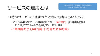 サービスの運用とは
• 1時間サービスが止まったときの被害はおいくら？
• 2016年4Qのゲーム事業売上高：345億円（四半期決算）
（2016/07/01～2016/09/30：92日間）
• 1時間あたり1,563万円（1分あたり26万円）
11
毎分26万円、稼ぎ時ならその何倍か
安いような高いような……
 