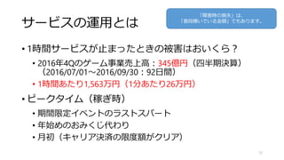 サービスの運用とは
• 1時間サービスが止まったときの被害はおいくら？
• 2016年4Qのゲーム事業売上高：345億円（四半期決算）
（2016/07/01～2016/09/30：92日間）
• 1時間あたり1,563万円（1分あたり26万円）
• ピークタイム（稼ぎ時）
• 期間限定イベントのラストスパート
• 年始めのおみくじ代わり
• 月初（キャリア決済の限度額がクリア）
12
「障害時の損失」は、
「普段稼いでいる金額」でもあります。
 