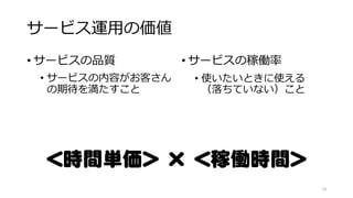 サービス運用の価値
• サービスの品質
• サービスの内容がお客さん
の期待を満たすこと
• サービスの稼働率
• 使いたいときに使える
（落ちていない）こと
14
＜時間単価＞ × ＜稼働時間＞
 