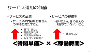 サービス運用の価値
• サービスの品質
• サービスの内容がお客さん
の期待を満たすこと
• サービスの稼働率
• 使いたいときに使える
（落ちていない）こと
15
＜時間単価＞ × ＜稼働時間＞
• 便利、楽しい
• 需要を満たす
• 不具合が少ない
• レスポンスが速い
• 止まらない
 
