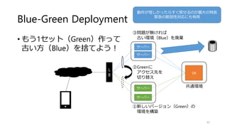 Blue-Green Deployment
• もう1セット（Green）作って
古い方（Blue）を捨てよう！
42
ｃ
L
B
サーバー
サーバー
サーバー
サーバー
③問題が無ければ
古い環境（Blue）を廃棄
①新しいバージョン（Green）の
環境を構築
②Greenに
アクセス先を
切り替え
DB
共通環境
動作が怪しかったらすぐ戻せるのが最大の特長
緊急の脆弱性対応にも有用
 