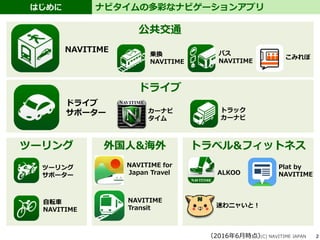 はじめに
(C) NAVITIME JAPAN 2
ナビタイムの多彩なナビゲーションアプリ
（2016年6月時点）
NAVITIME
ドライブ
サポーター
乗換
NAVITIME
自転車
NAVITIME
こみれぽ
バス
NAVITIME
カーナビ
タイム
NAVITIME
Transit
NAVITIME for
Japan Travel ALKOO
ツーリング
サポーター
Plat by
NAVITIME
迷わニャいと！
トラック
カーナビ
公共交通
ドライブ
ツーリング トラベル&フィットネス外国人&海外
 