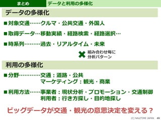 データと利用の多様化まとめ
(C) NAVITIME JAPAN 49
対象交通……クルマ・公共交通・外国人
取得データ…移動実績・経路検索・経路選択…
時系列………過去・リアルタイム・未来
分野…………交通：道路・公共
マーケティング：観光・商業
利用方法……事業者：現状分析・プロモーション・交通制御
利用者：行き方探し・目的地探し
データの多様化
利用の多様化
ビッグデータが交通・観光の意思決定を変える？
組み合わせ毎に
分析パターン
 