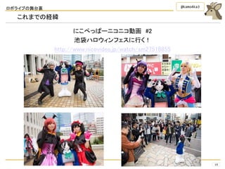 ロボライブの舞台裏
19
@kamo4ka3
これまでの経緯
にこぺっぱーニコニコ動画 #2
池袋ハロウィンフェスに行く！
http://www.nicovideo.jp/watch/sm27518855
 