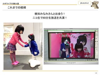 ロボライブの舞台裏
24
@kamo4ka3
これまでの経緯
桃知みなみさんと出会う！
ニコ生で60分生放送を共演！
 