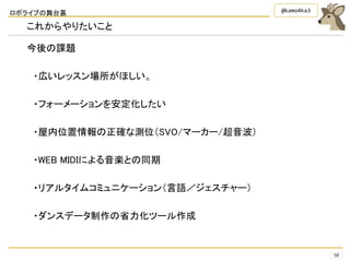 ロボライブの舞台裏
58
@kamo4ka3
これからやりたいこと
今後の課題
・広いレッスン場所がほしい。
・フォーメーションを安定化したい
・屋内位置情報の正確な測位（SVO/マーカー/超音波）
・WEB MIDIによる音楽との同期
・リアルタイムコミュニケーション（言語／ジェスチャー）
・ダンスデータ制作の省力化ツール作成
 