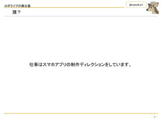 ロボライブの舞台裏
5
@kamo4ka3
誰？
仕事はスマホアプリの制作ディレクションをしています。
 