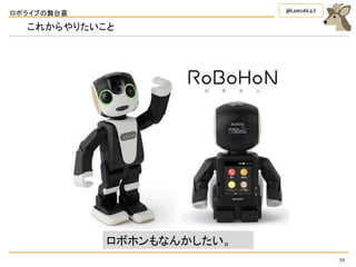 ロボライブの舞台裏
59
@kamo4ka3
これからやりたいこと
ロボホンもなんかしたい。
 