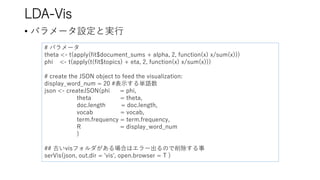 LDA-Vis
• パラメータ設定と実行
# パラメータ
theta <- t(apply(fit$document_sums + alpha, 2, function(x) x/sum(x)))
phi <- t(apply(t(fit$topics) + eta, 2, function(x) x/sum(x)))
# create the JSON object to feed the visualization:
display_word_num = 20 #表示する単語数
json <- createJSON(phi = phi,
theta = theta,
doc.length = doc.length,
vocab = vocab,
term.frequency = term.frequency,
R = display_word_num
)
## 古いvisフォルダがある場合はエラー出るので削除する事
serVis(json, out.dir = 'vis', open.browser = T )
 