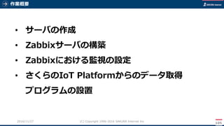 作業概要
105
(C) Copyright 1996-2016 SAKURA Internet Inc2016/11/28
• サーバの作成
• Zabbixサーバの構築
• Zabbixにおける監視の設定
• さくらのIoT Platformからのデータ取得
プログラムの設置
 