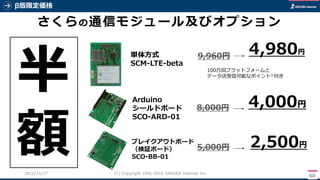 β版限定価格
60
(C) Copyright 1996-2016 SAKURA Internet Inc2016/11/28
4,980円単体方式
SCM-LTE-beta
2,500円
4,000円
Arduino
シールドボード
SCO-ARD-01
9,960円
5,000円
8,000円
さくらの通信モジュール及びオプション
半
額
100万回プラットフォームと
データ送受信可能なポイント※付き
ブレイクアウトボード
（検証ボード）
SCO-BB-01
 