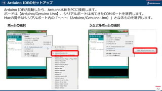 Arduino IDEのセットアップ
72
Arduino IDEが起動したら、Arduino本体をPCに接続します。
ボードは【Arduino/Genuino Uno】、シリアルポートは出てきたCOMポートを選択します。
Macの場合はシリアルポート内の「～～～（Arduino/Genuino Uno）」となるものを選択します。
ボードの選択 シリアルポートの選択
 