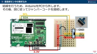 温湿度センサの繋ぎ込み
73
結線を行うため、ArduinoをPCから外します。
その後、図に従ってジャンパーコードを接続します。
+V
SDA
SCL
GND
3.3V
GND
SDA
SCL
 