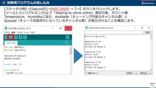 試験用プログラムの流し込み
75
[スケッチの例]→[SakuraIO]→[HDC1000] →【→】ボタンをクリックします。
[ツール]→[シリアルモニタ]より「Waiting to come online」表記の後、カウント値、
Temperature、Humidityに加え、Available（キューイング可能なチャンネル数）と
Queued（キューで送信待ちになっているチャンネル数）が表示されることを確認します。
 